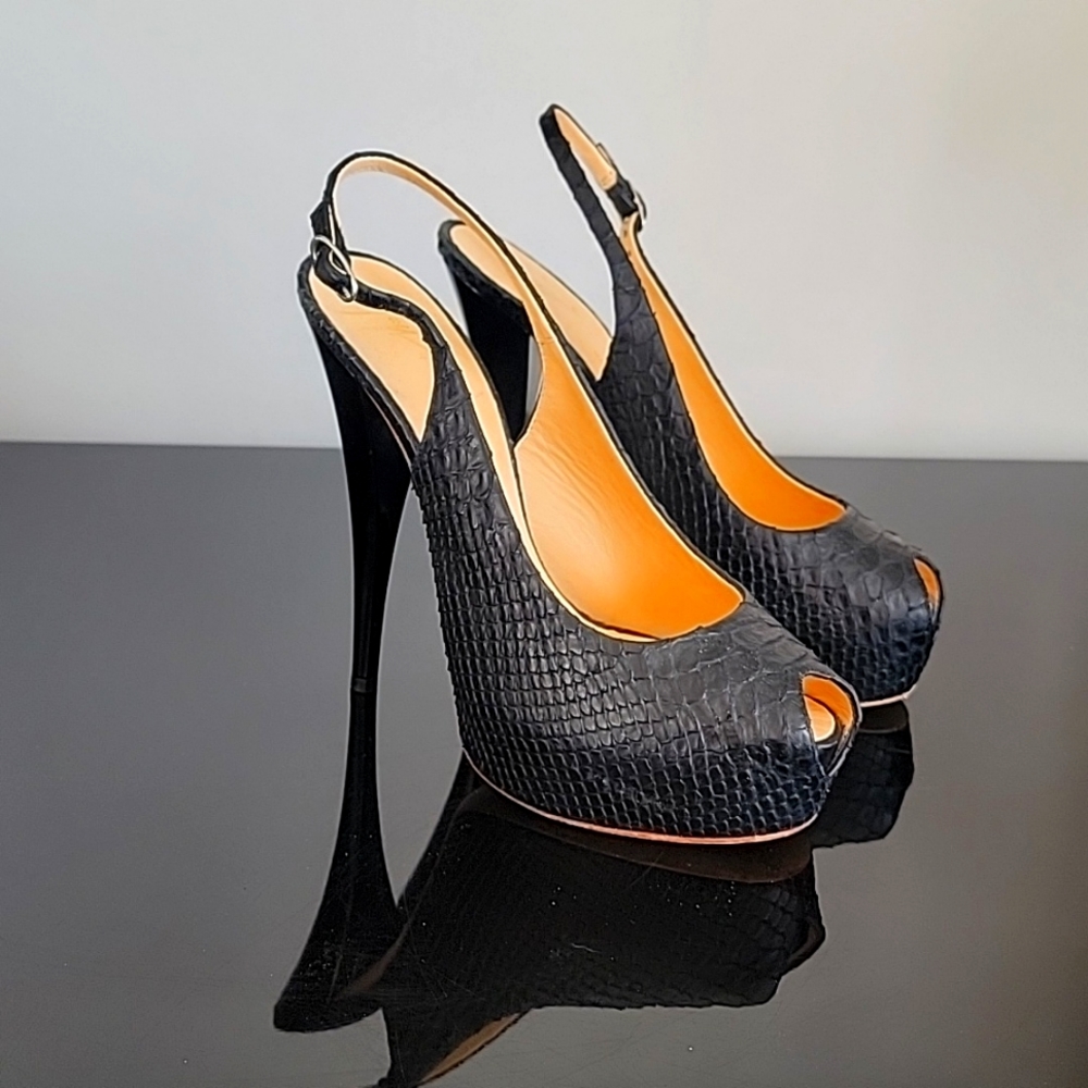 Giuseppe Zanotti Black Textured Peep-Toe Slingback Heels with Orange Lining